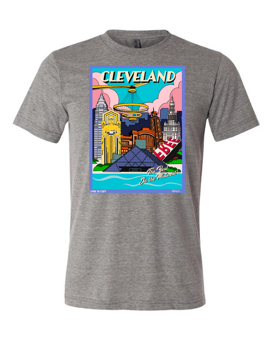 A gray crew neck t-shirt with a colorful front graphic print depicting Cleveland landmarks and the text 'CLEVELAND' across the chest.