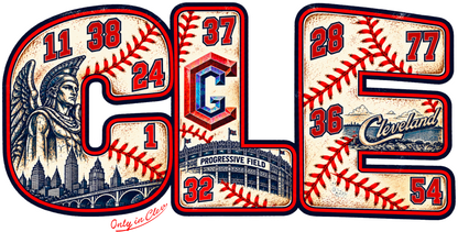 Red, navy, and cream CLE baseball artwork with Cleveland landmarks and baseball stitching