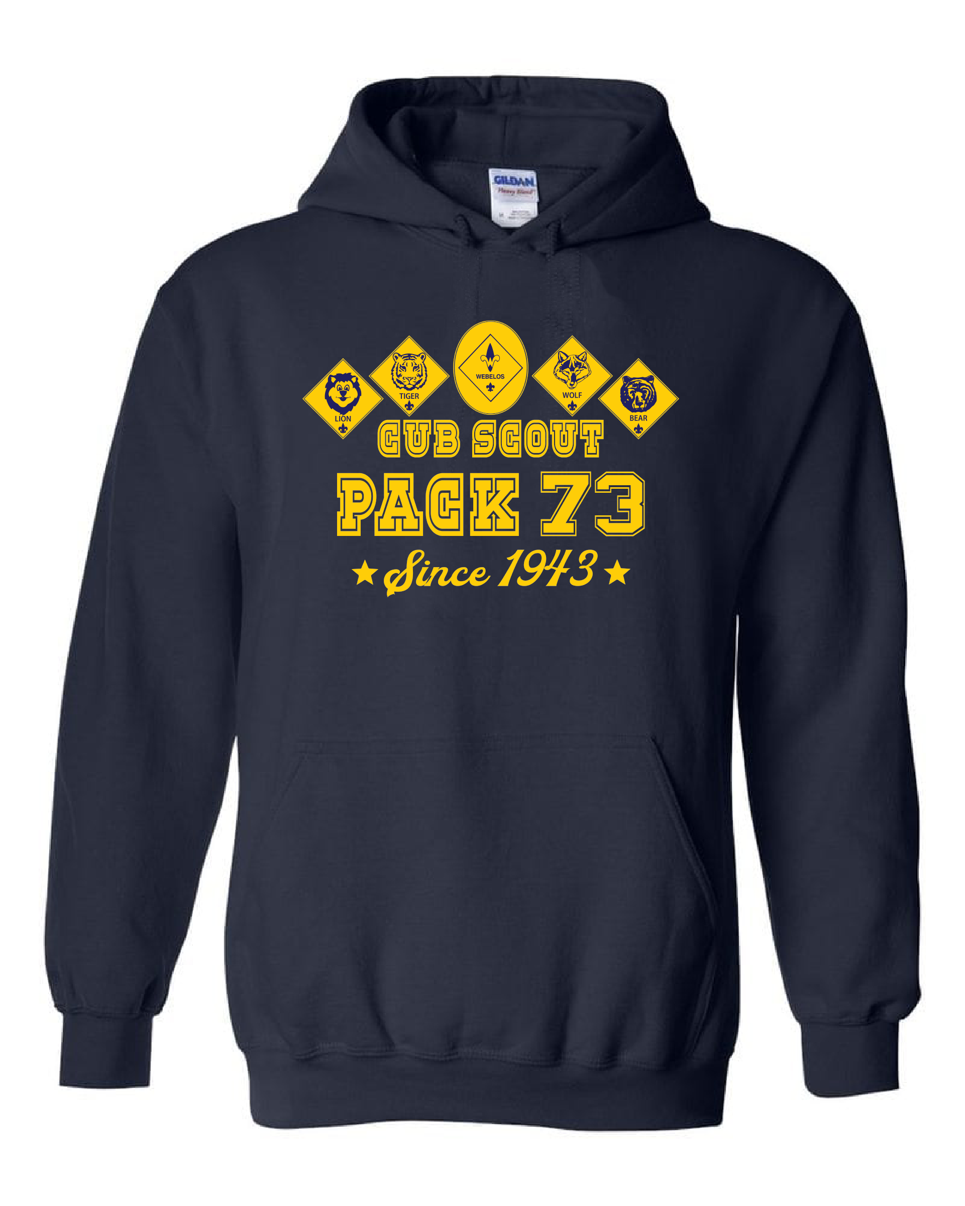 "Cub Scout Pack 73" design on navy - Only in Clev 