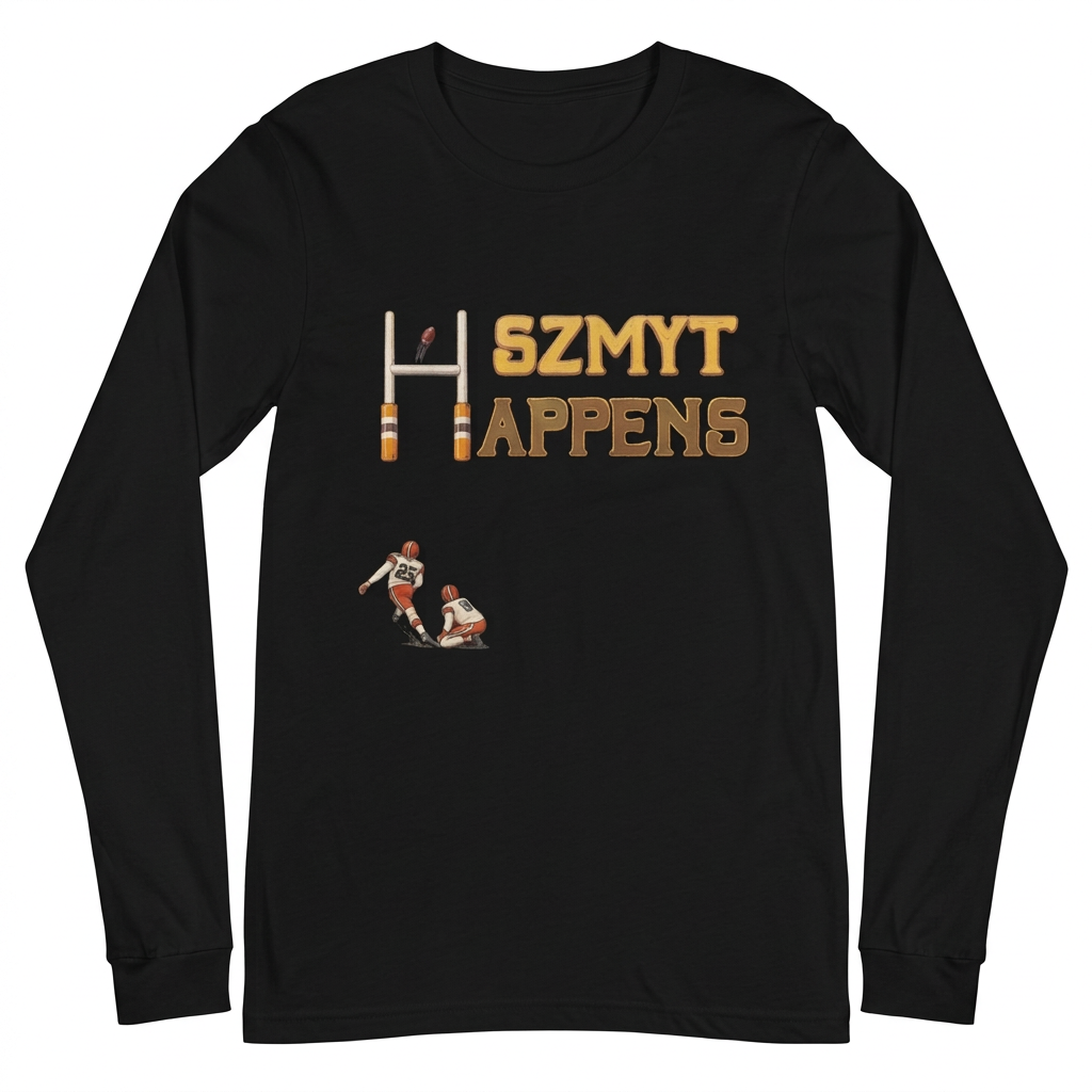 Szmyt Happens Cleveland football design on a black unisex long sleeve shirt