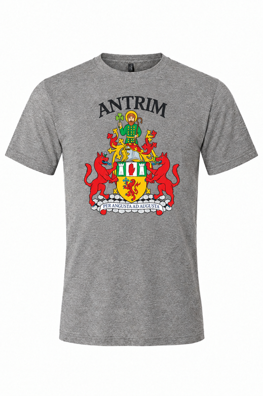 Men's gray short-sleeve T-shirt with smaller Antrim county crest print