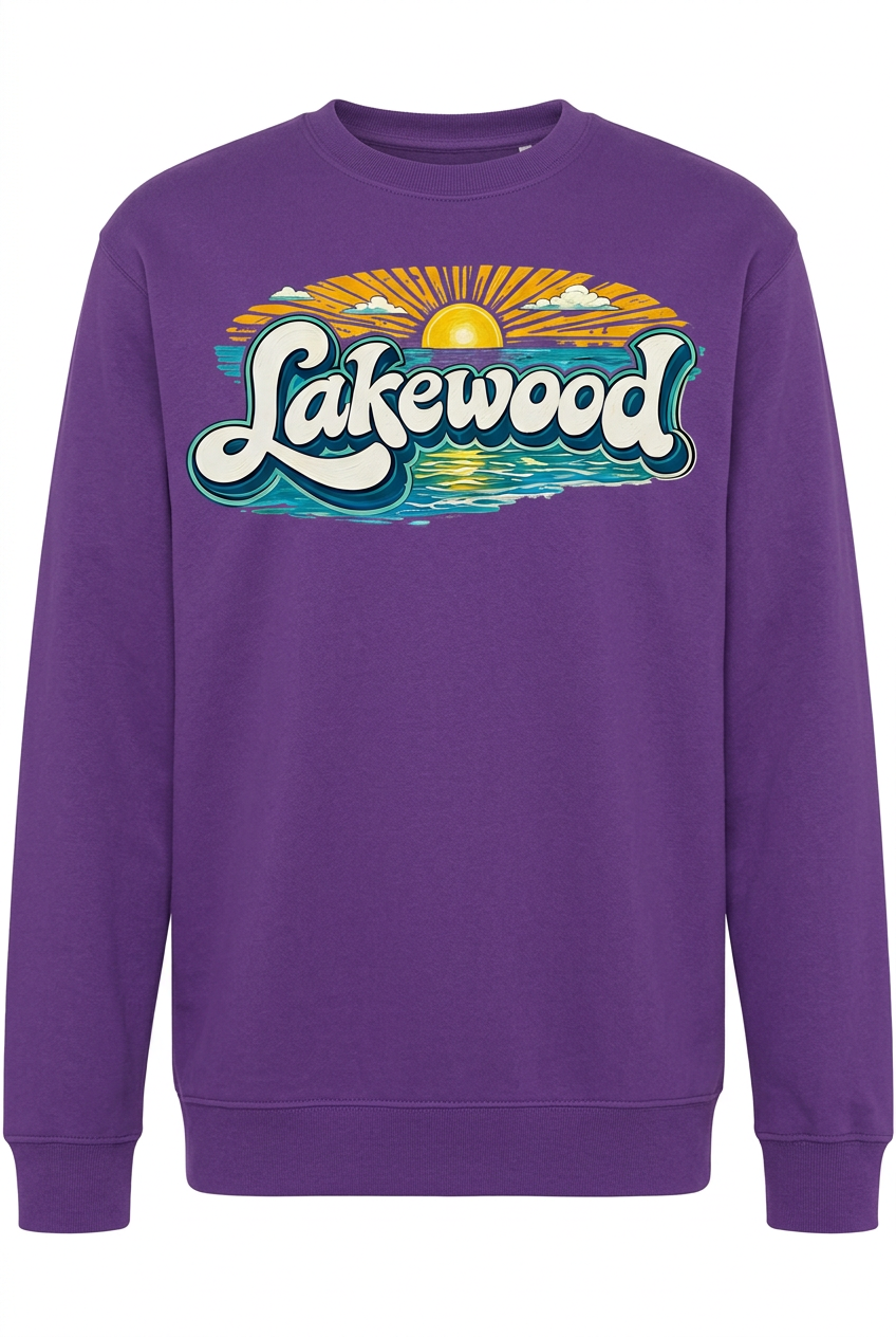 Lakewood Sunset on purple crew sweatshirt