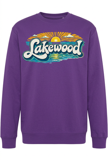 Lakewood Sunset on purple crew sweatshirt
