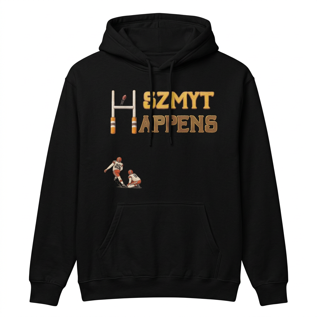 Szmyt Happens Cleveland football design on a black unisex hoodie