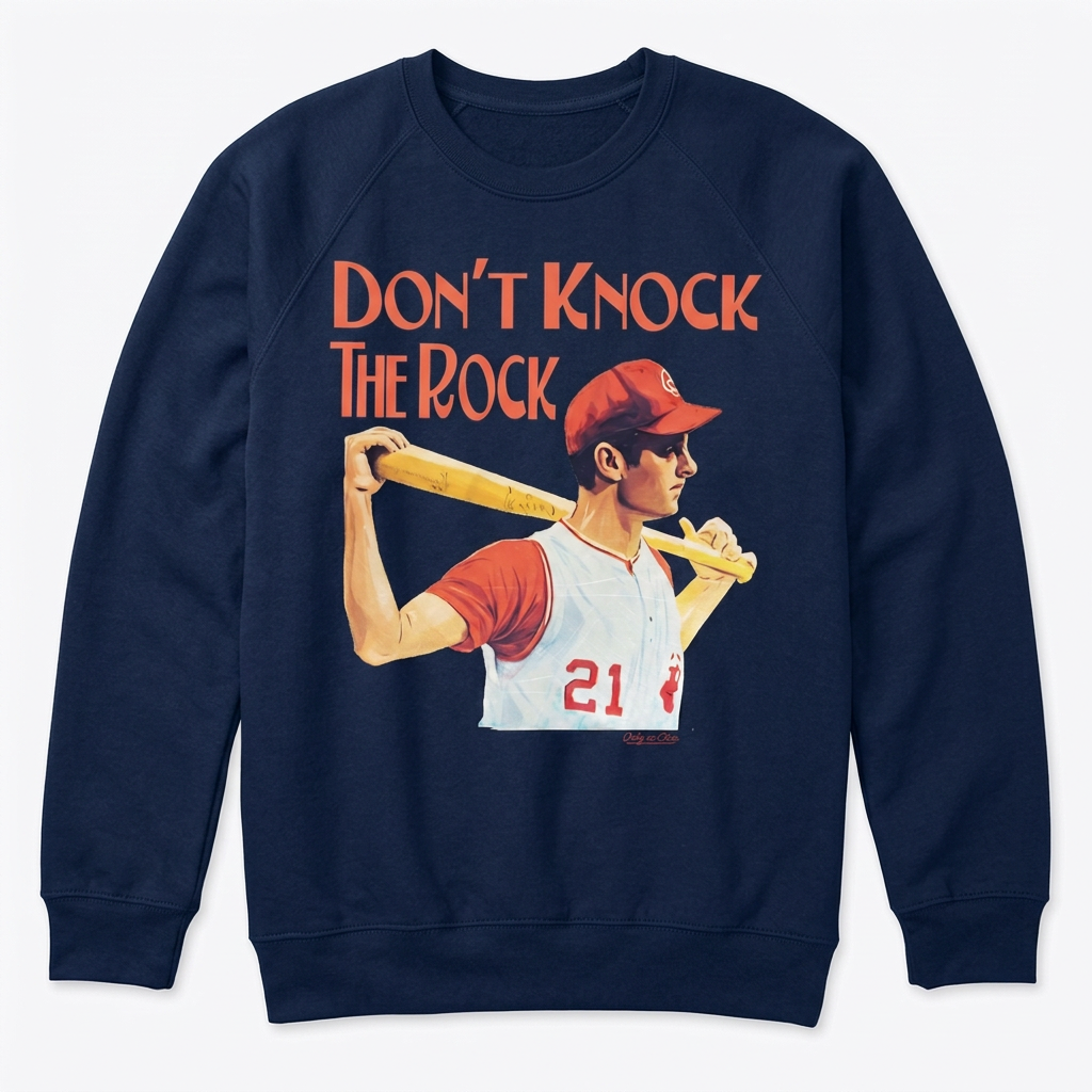 Don't Knock the Rock baseball design on navy crew sweatshirt