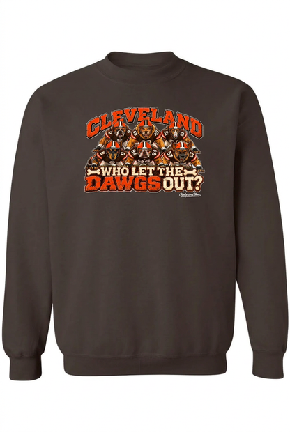 Who Let the Dawgs Out design on brown crewneck sweatshirt