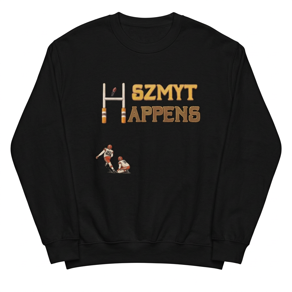 Szmyt Happens Cleveland football design on a black crew sweatshirt