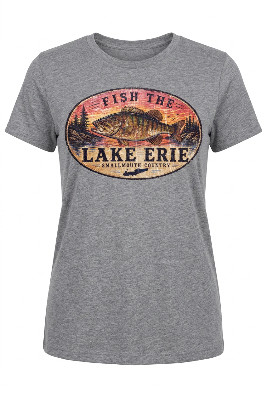 Lake Erie Smallmouth Bass on gray women's short sleeve T-shirt