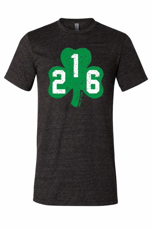 Men's black tee with green 216 shamrock design