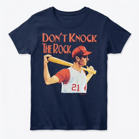 Don't Knock the Rock baseball design on women's navy tee