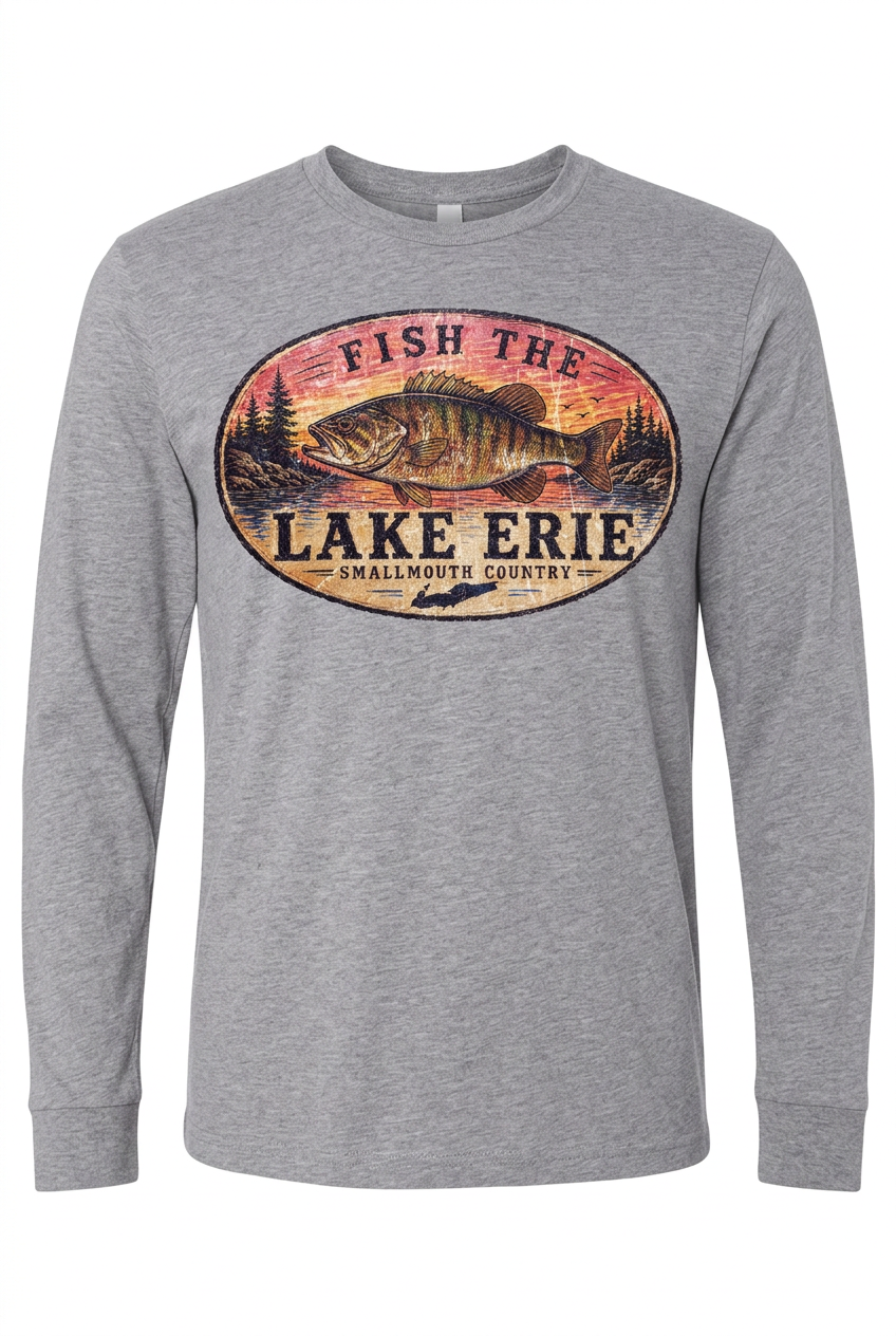 Lake Erie Smallmouth Bass on gray long sleeve T-shirt