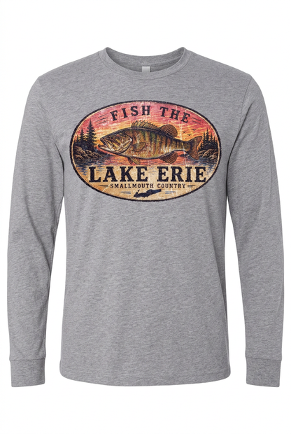 Lake Erie Smallmouth Bass on gray long sleeve T-shirt