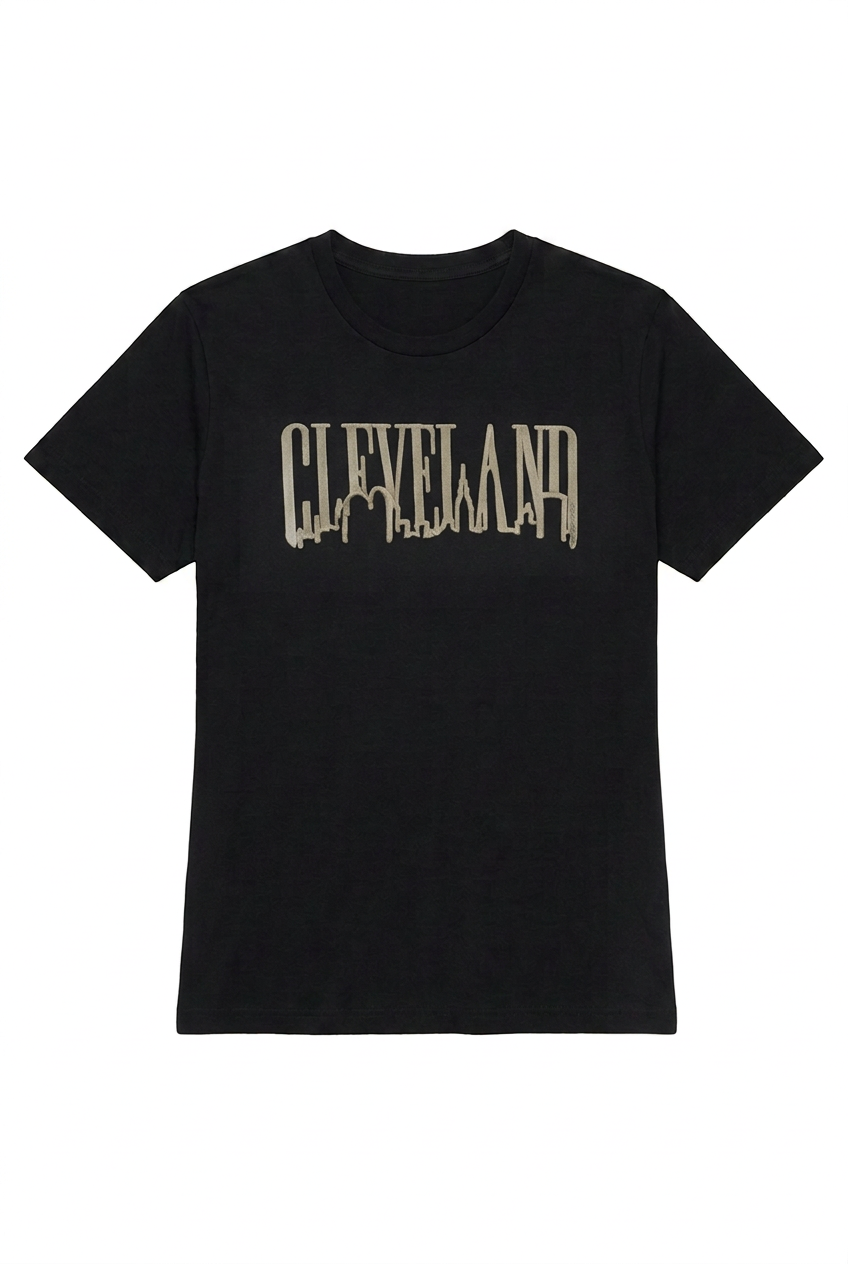 Black women's short-sleeve T-shirt with taupe Cleveland Jagged Skyline lettering.