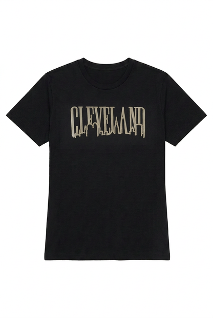 Black women's short-sleeve T-shirt with taupe Cleveland Jagged Skyline lettering.