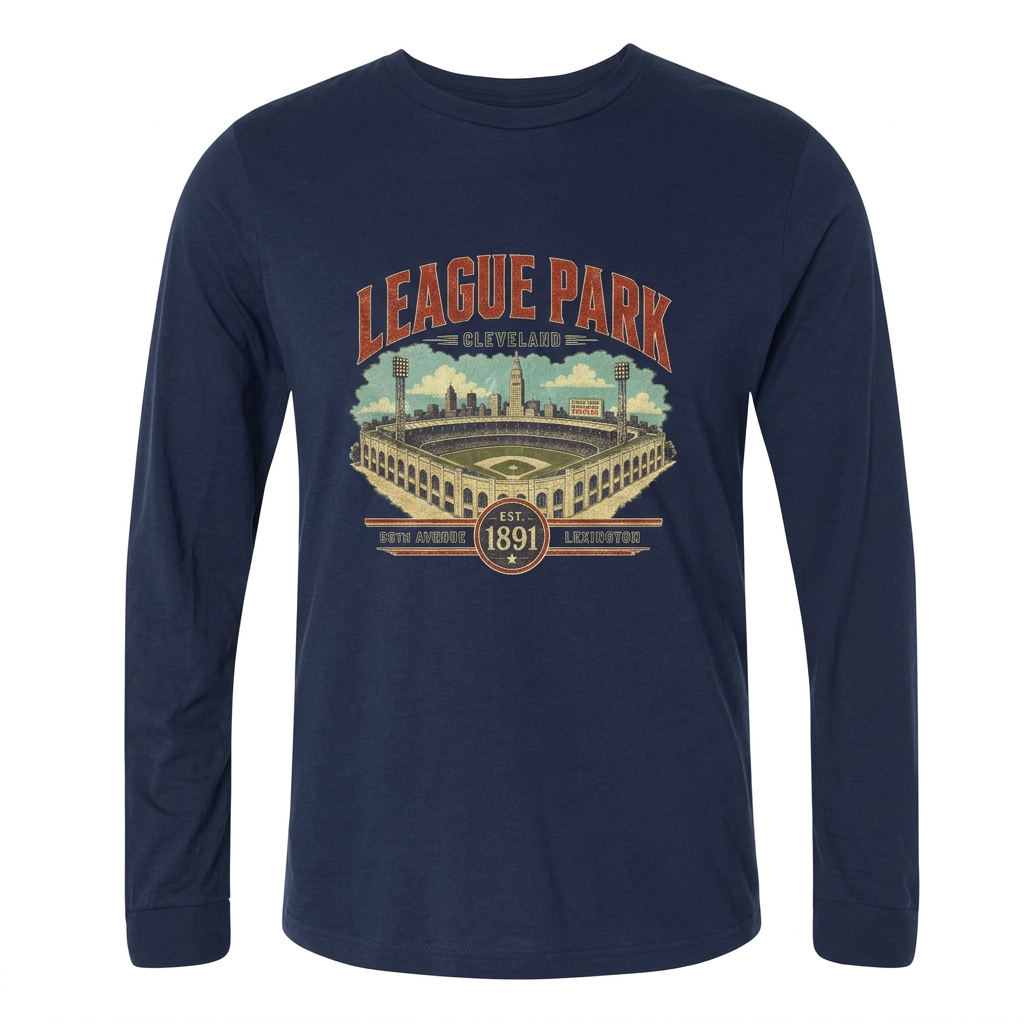 League Park retro Cleveland baseball design on navy long-sleeve tee