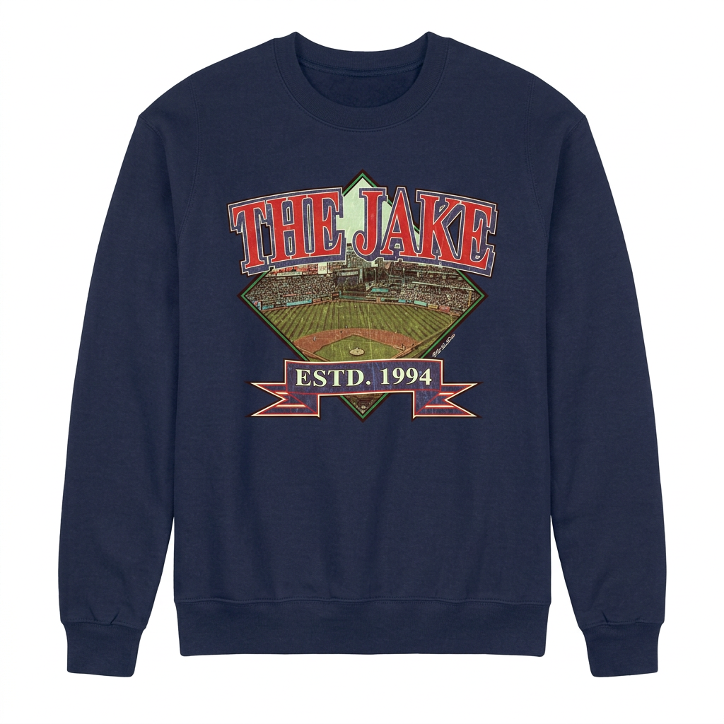 The Jake Cleveland baseball design on navy crew sweatshirt