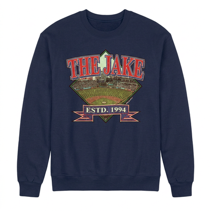 The Jake Cleveland baseball design on navy crew sweatshirt