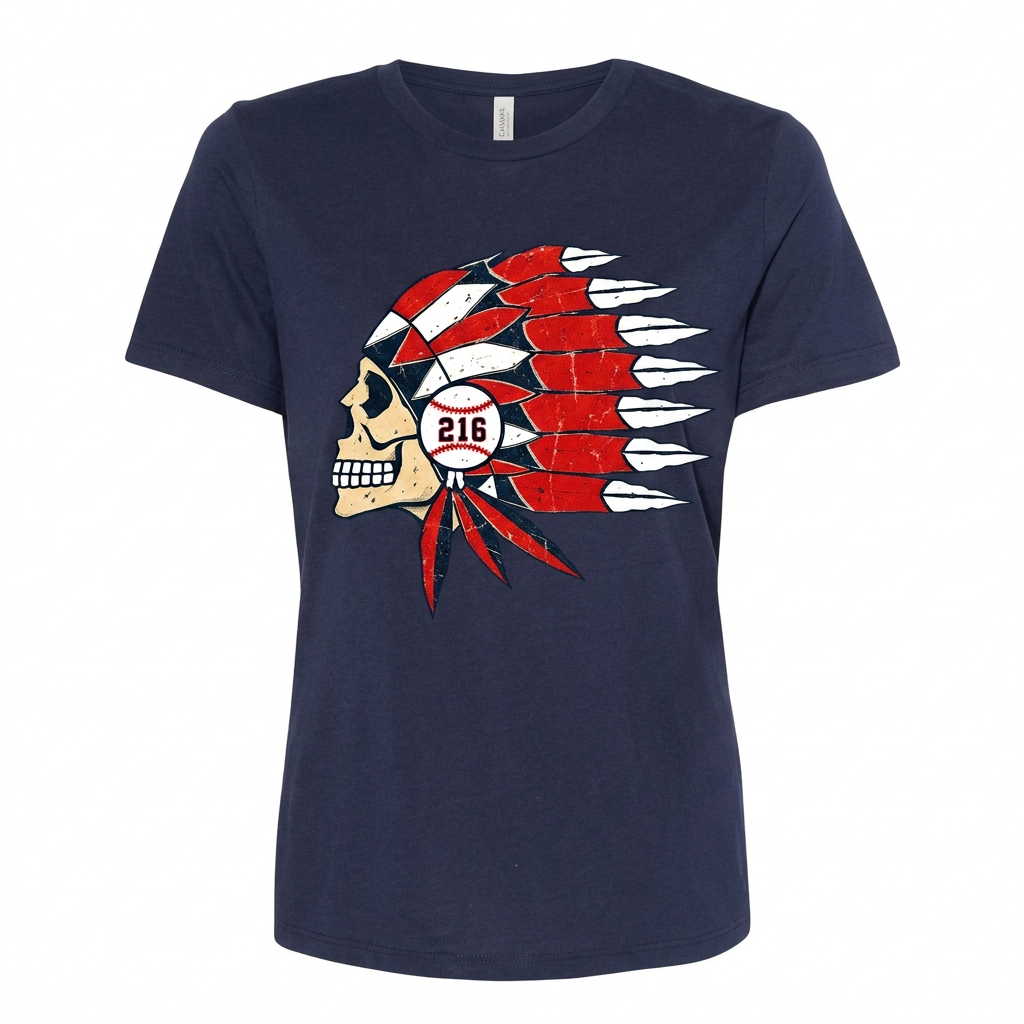 Cleveland 216 baseball skull design on women's navy tee