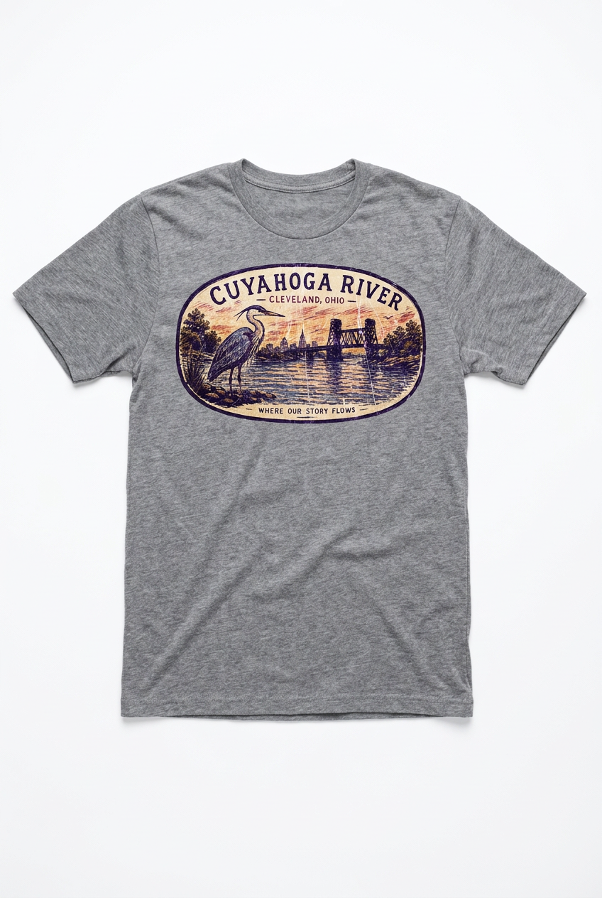 Cuyahoga River on gray men's short sleeve T-shirt, full garment