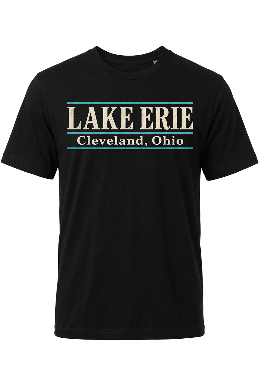 Lake Erie Lettering on black men's short sleeve T-shirt