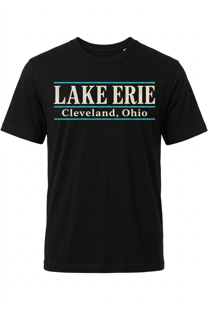 Lake Erie Lettering on black men's short sleeve T-shirt
