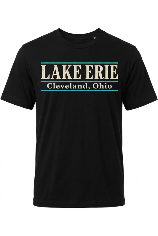 Lake Erie Lettering on black men's short sleeve T-shirt