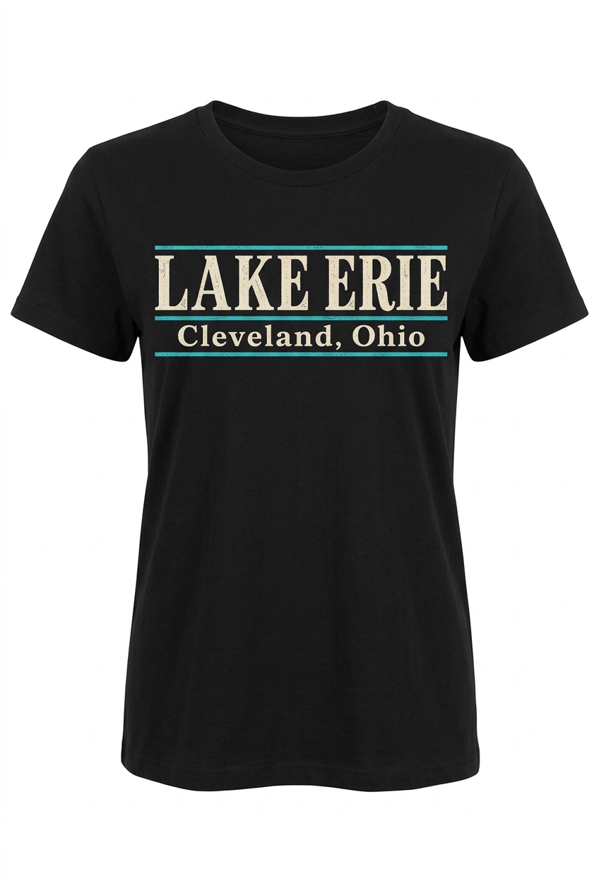 Lake Erie Lettering on black women's short sleeve T-shirt