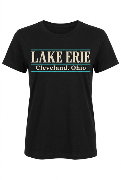 Lake Erie Lettering on black women's short sleeve T-shirt