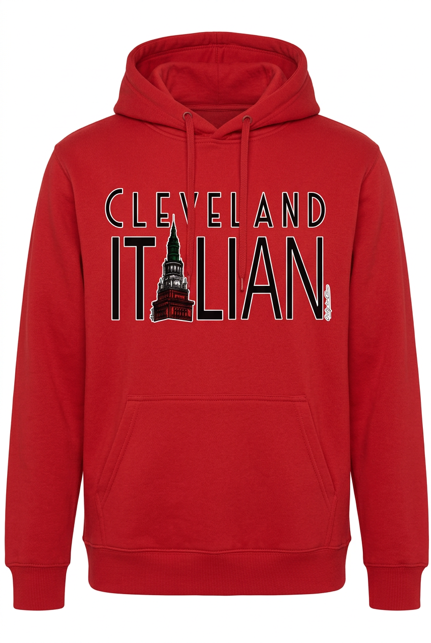 Cleveland Italian design on a red hoodie