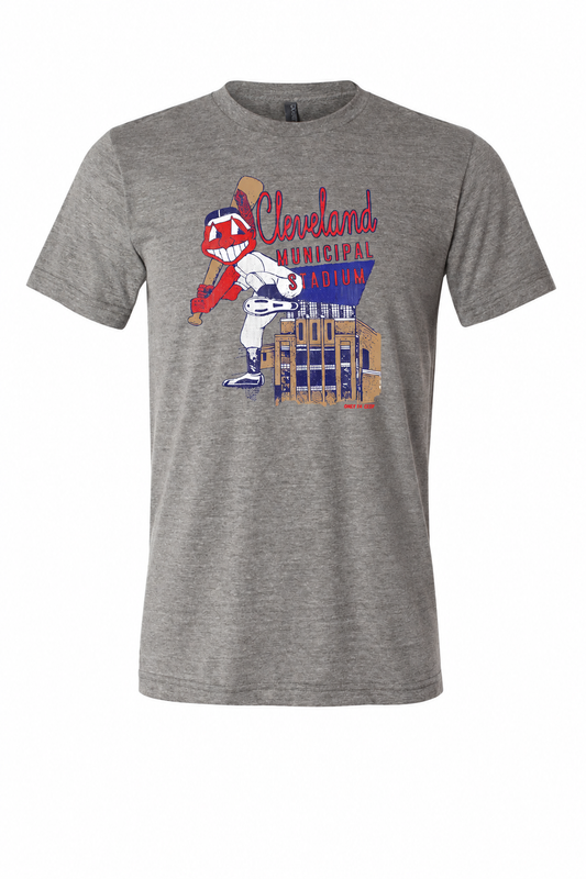 Cleveland Municipal Stadium baseball design on a gray short-sleeve T-shirt