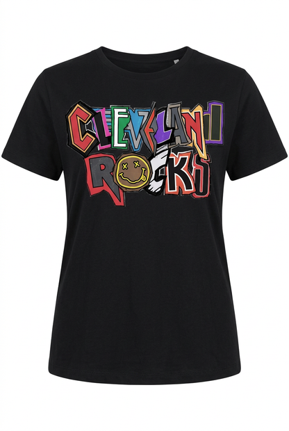 Black women's short-sleeve T-shirt with colorful Cleveland Rocks lettering.