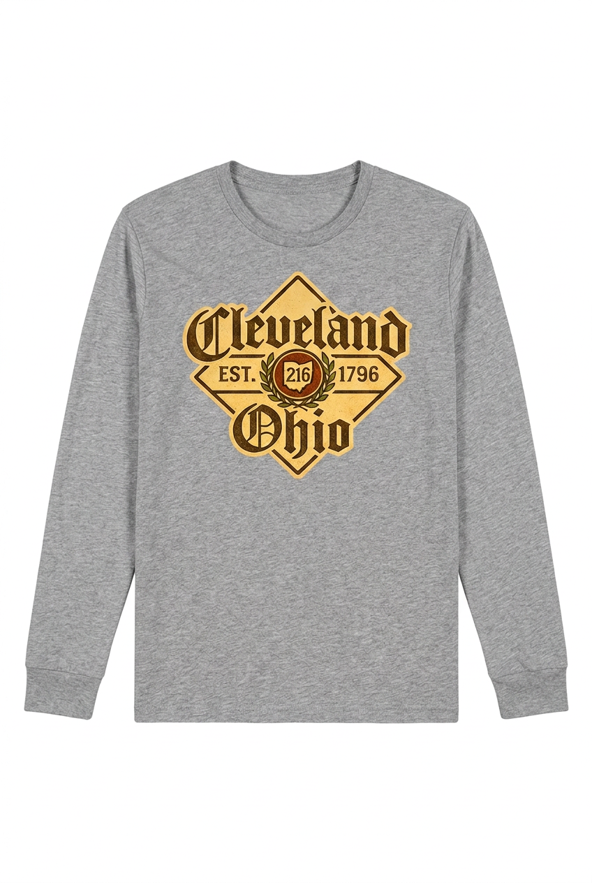 Cleveland Beer Label on a gray unisex long-sleeve T-shirt.