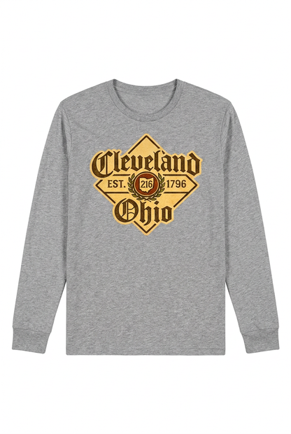 Cleveland Beer Label on a gray unisex long-sleeve T-shirt.