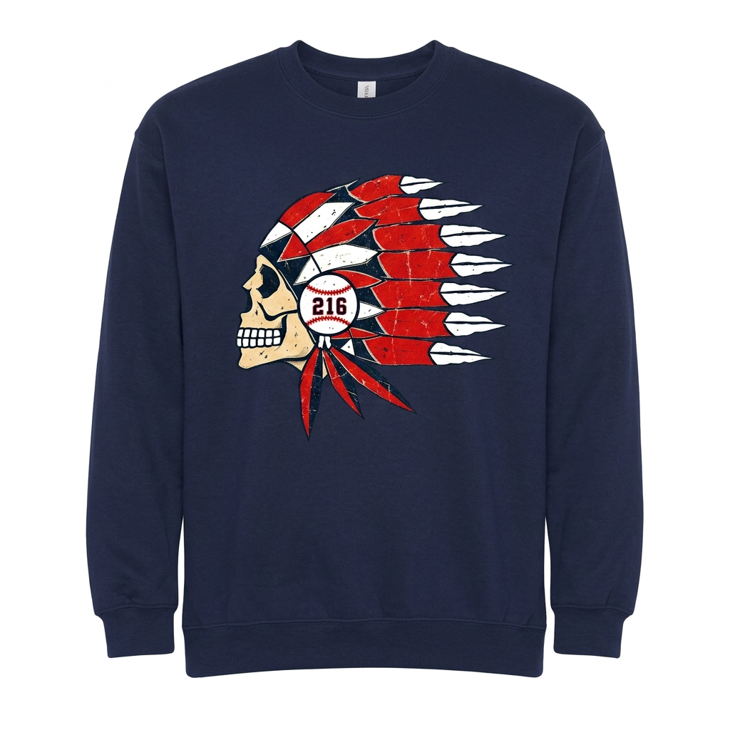 Cleveland 216 baseball skull design on navy crew sweatshirt