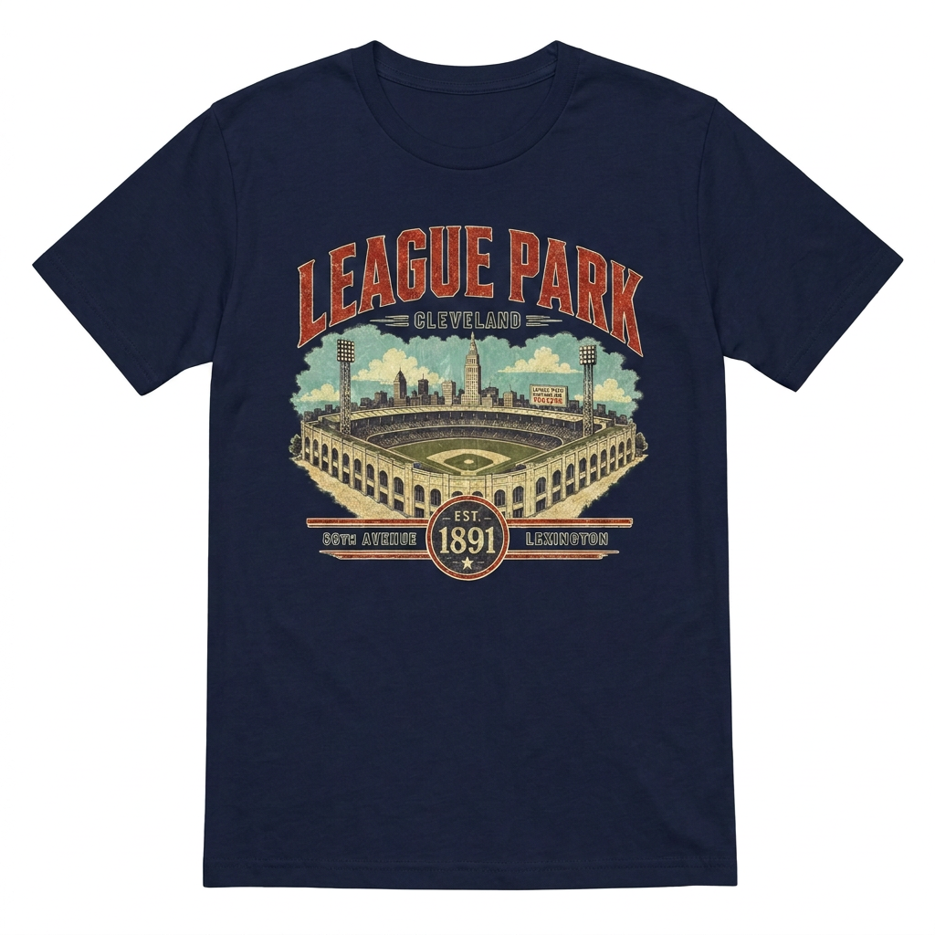 League Park retro Cleveland baseball design on women's navy tee