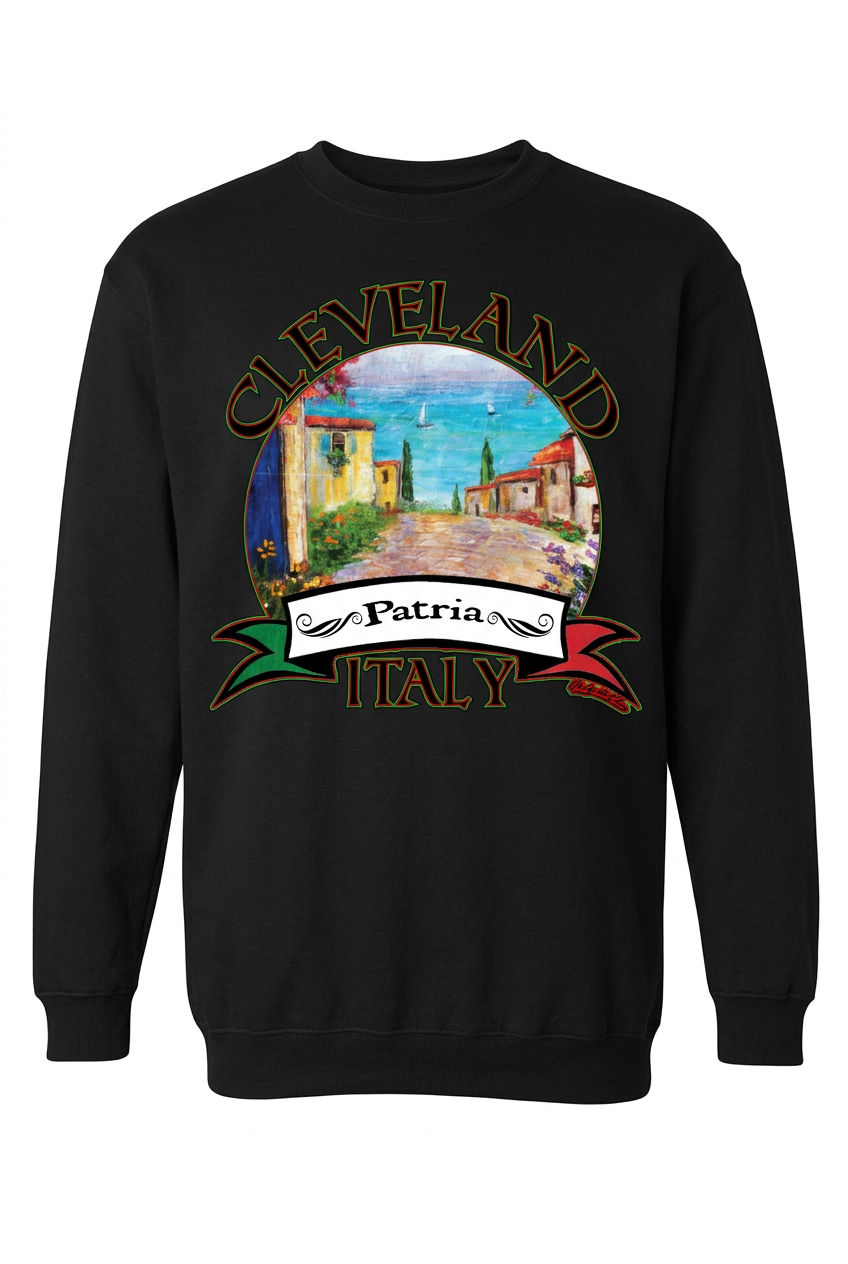 Cleveland Patria Italy design on a black crewneck sweatshirt