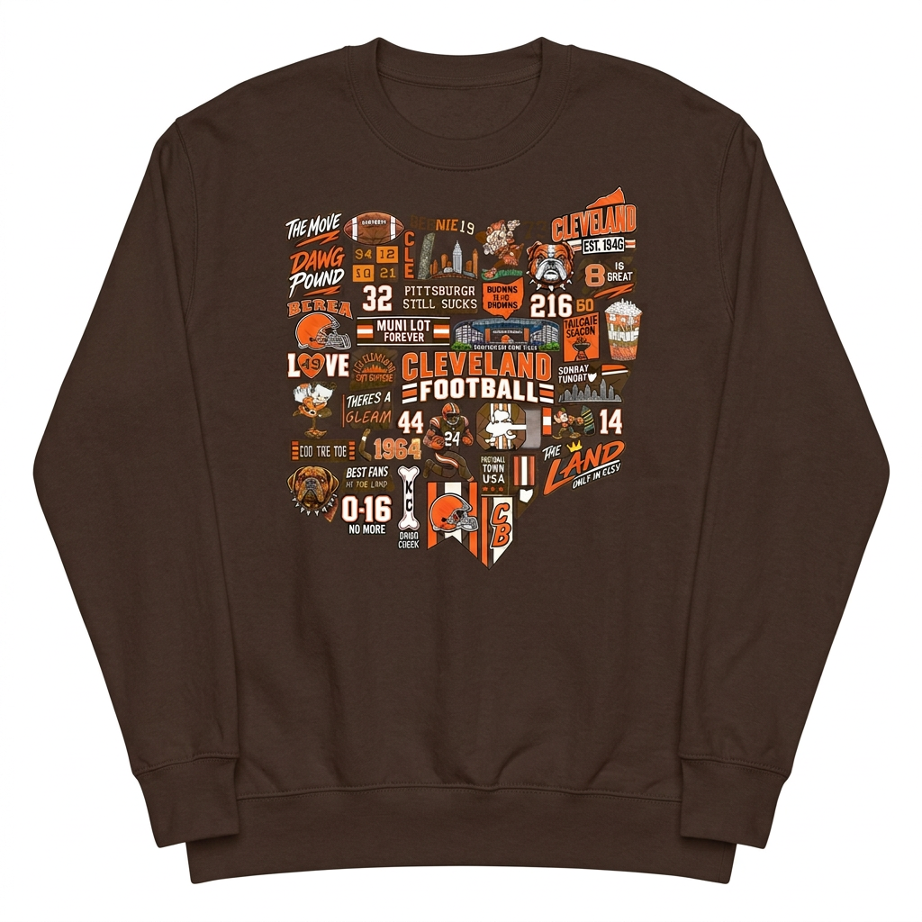 Cleveland football Ohio collage on brown crew sweatshirt