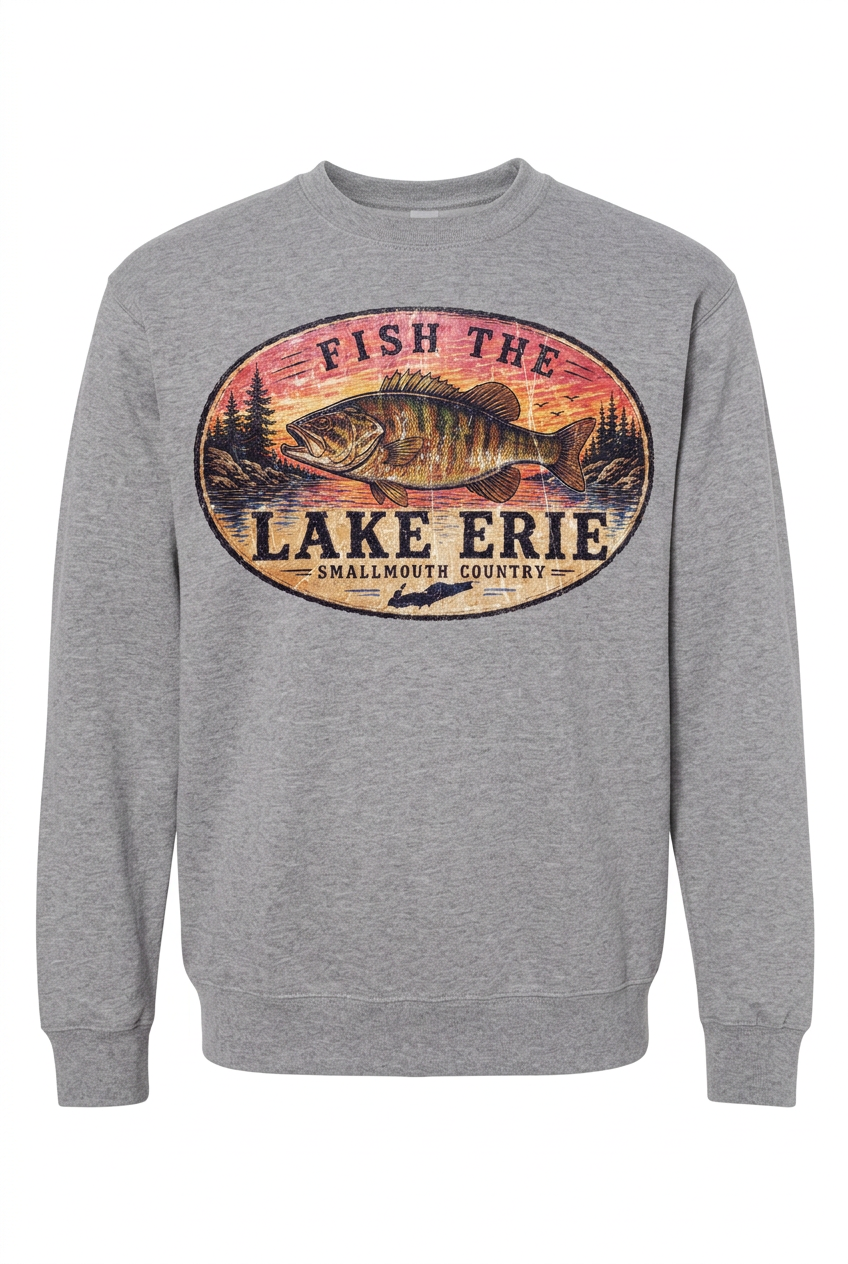 Lake Erie Smallmouth Bass on gray crew sweatshirt