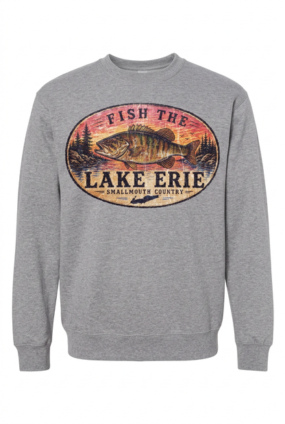 Lake Erie Smallmouth Bass on gray crew sweatshirt