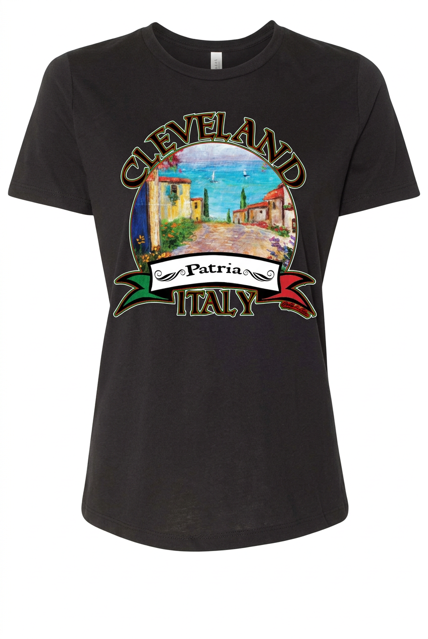 Cleveland Patria Italy design on a black women's short-sleeve T-shirt
