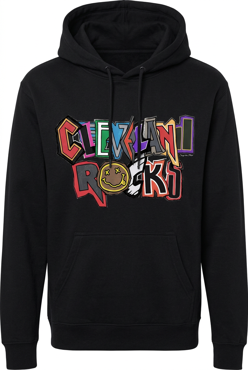 Black pullover hoodie with colorful Cleveland Rocks lettering.