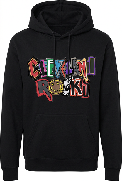 Black pullover hoodie with colorful Cleveland Rocks lettering.