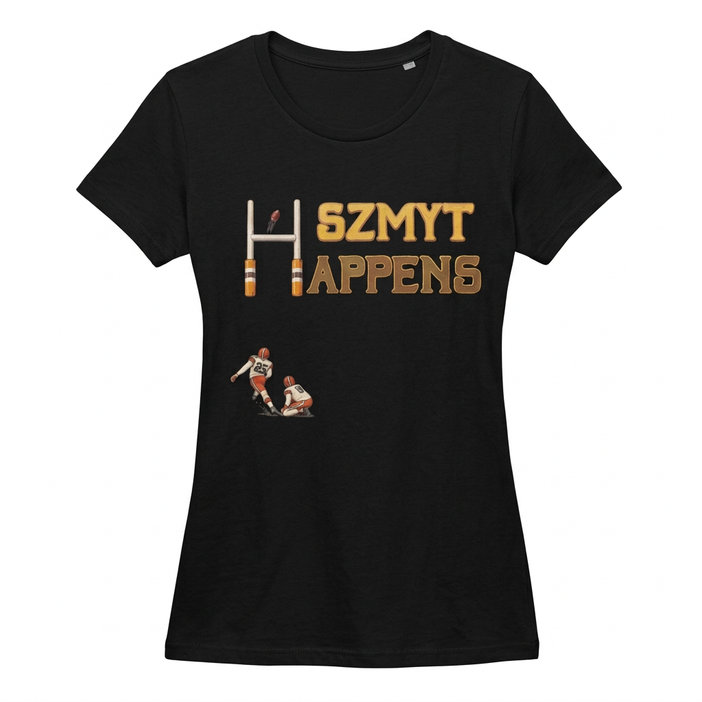 Szmyt Happens Cleveland football design on a black women's short sleeve T-shirt