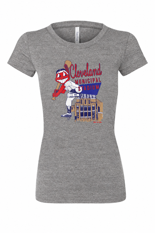 Municipal Stadium baseball design on gray women's T-shirt