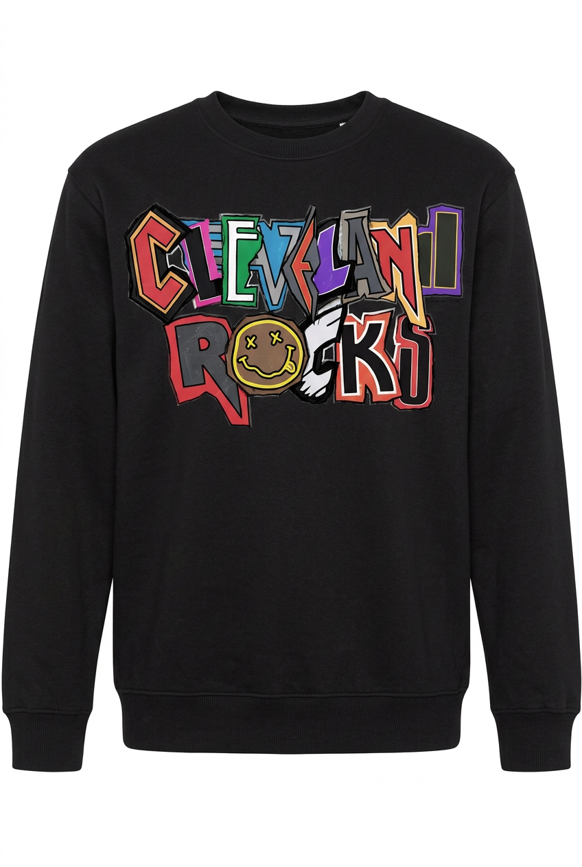 Black crewneck sweatshirt with colorful Cleveland Rocks lettering.
