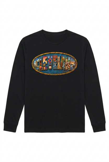Black unisex long-sleeve T-shirt with Cleveland oval chest design.