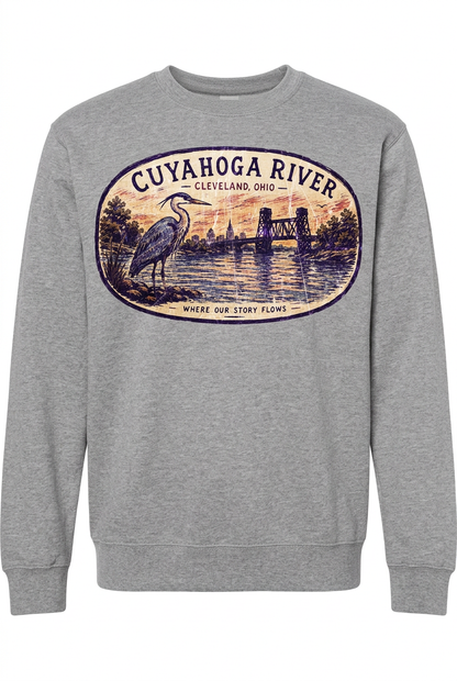 Cuyahoga River on gray crew sweatshirt