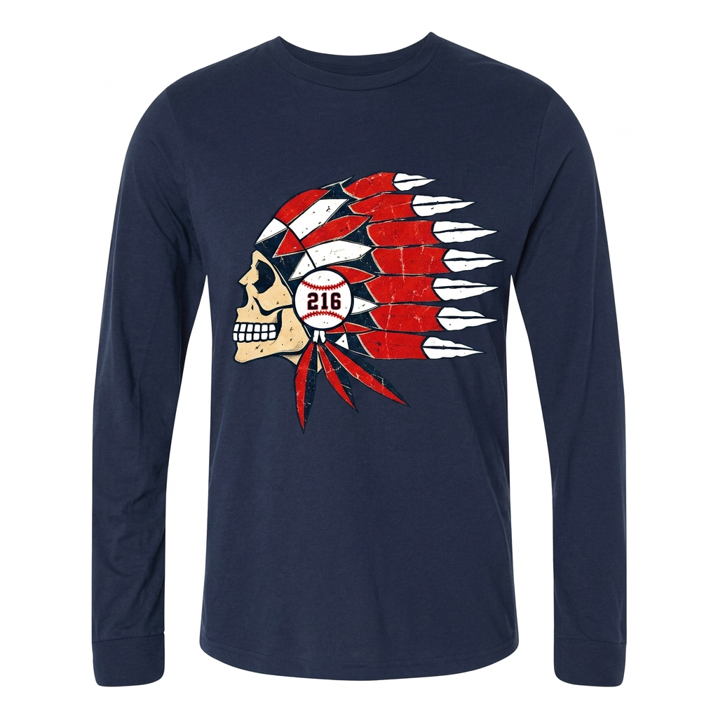 Cleveland 216 baseball skull design on navy long-sleeve tee