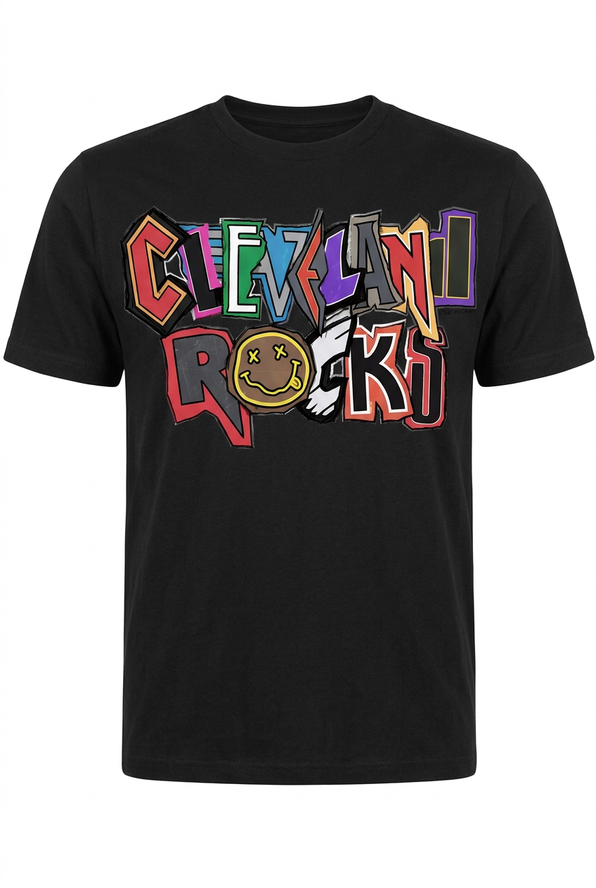 Black unisex short-sleeve T-shirt with colorful Cleveland Rocks lettering.