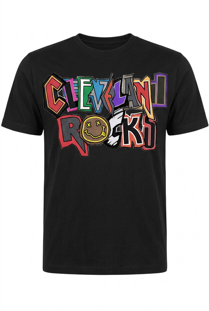 Black unisex short-sleeve T-shirt with colorful Cleveland Rocks lettering.